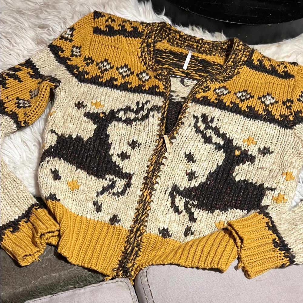 Free People Mustard and Cream Reindeer Cardigan